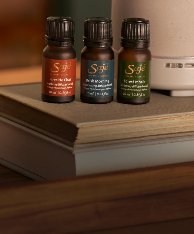 Three fall diffuser blends with dark orange, blue, and green labels in a cozy setting with a white diffuser and mug.