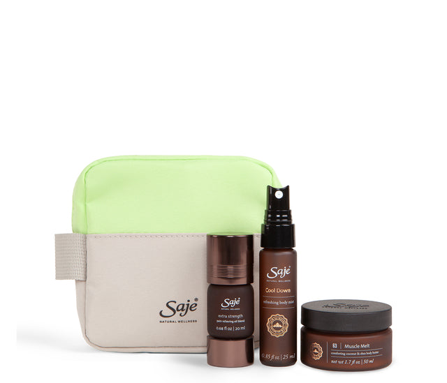 Body Recovery Kit including mini extra strength roll-on, cool down mist, muscle melt butter butter and a water-resistant RPET carrying case.