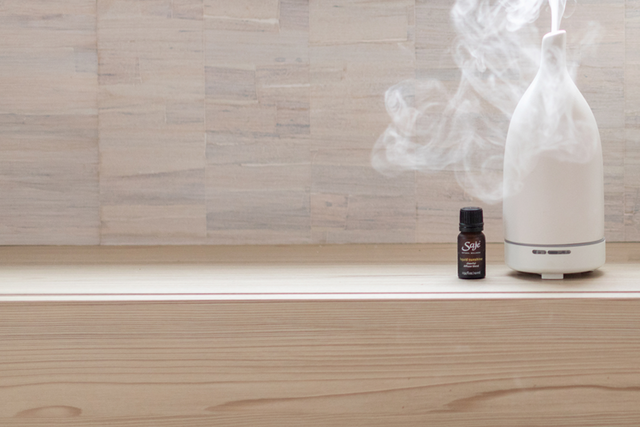 Diffuser in a warm neutral home next to a white potted plant.