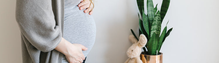 A mother holding their pregnant stomach