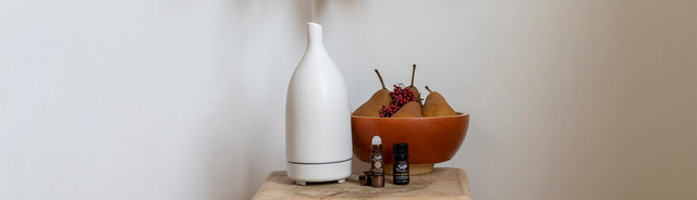 Aroma Om diffuser placed with saje diffuser blends and fruit bowl