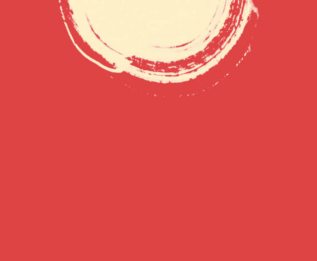 Red background with an off-white circular pattern.