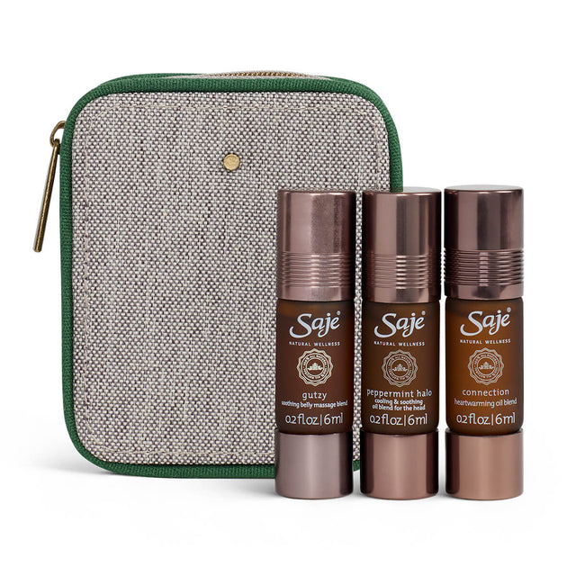 Gutzy roll-on, peppermint halo roll-on and connection roll-on with travel pouch