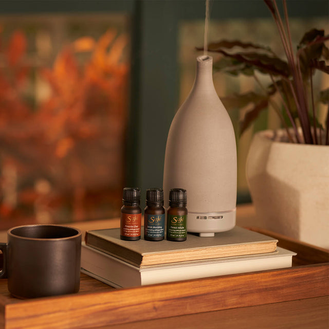 Forest Inhale, Fireside Chai and Brisk Morning Diffuser Blend sitting next to Aroma Om Stone Diffuser on a stack of books on a wood table