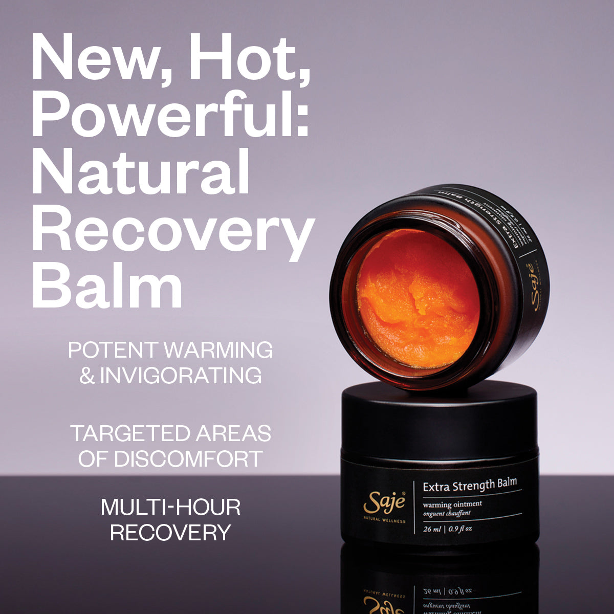 Extra Strength Warming Balm without lid, sitting on top of another balm with product information on a purple background