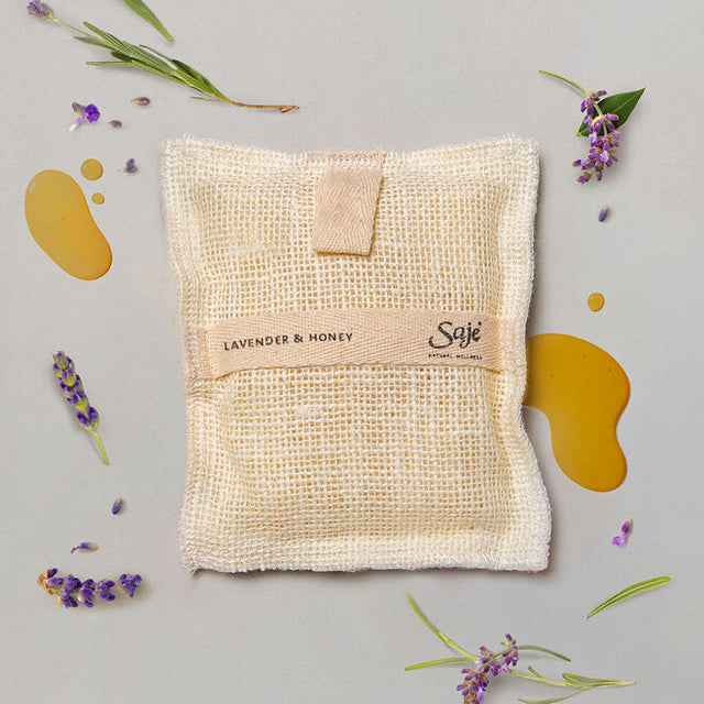 Lavender and Honey Jute & Joy Wash Pad with lavender and honey around it