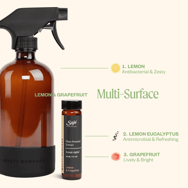 Multi-surface cleaning kit against a beige background with text highlighting the key ingredients
