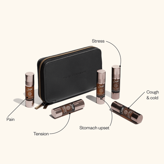 Pocket Farmacy Physical Edition with black leather case, 5 roll-ons scattered and text highlighting the benefits of each roll-on