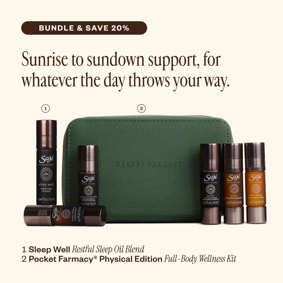 トライアルセット・サンプル Saje Pocket Farmacy Good Day, Good Night Set Pocket Farmacy Physical & Sleep Well Roll