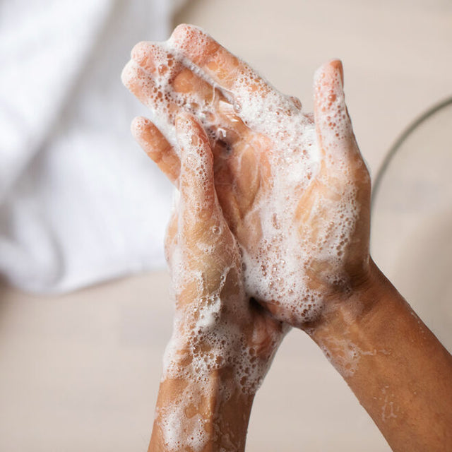 Wet hands showing lather from foaming hand soap